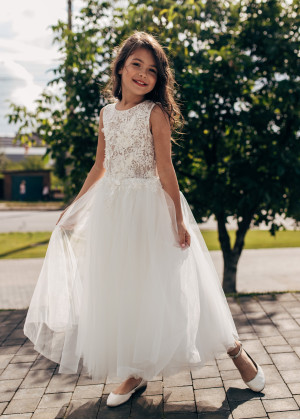 Ivory Lace Tulle Sheer Top Flower Girl Dress